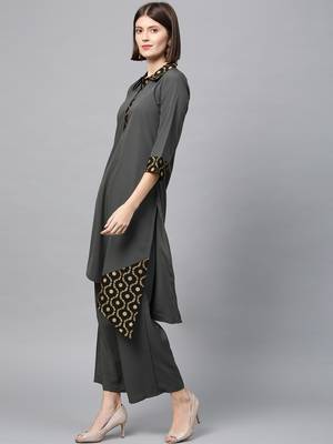 Women's Dark Grey gold print Straight Crepe Kurta Palazzo Set 3