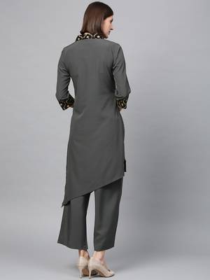 Women's Dark Grey gold print Straight Crepe Kurta Palazzo Set 4
