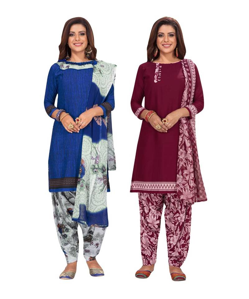 Women's Pack Of 2 Synthetic Printed Unstitched Dress Material Combo