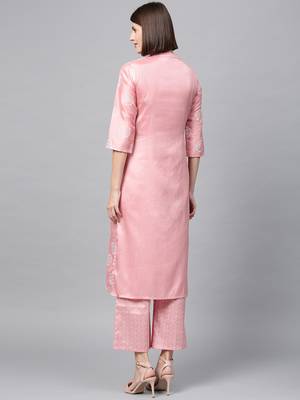 Women's Pink Khadi Print Straight Polysilk Kurta Palazzo Set 3
