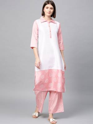 Women's Pink Khadi Print Straight Polysilk Kurta Palazzo Set 1