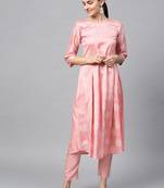 Women's Pink khadi print Flared Polysilk Kurta Pant Set