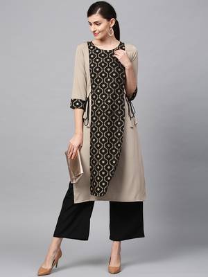 Women's Nude gold print Straight Crepe Kurta Palazzo Set 1