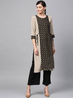 Women's Nude gold print Straight Crepe Kurta Palazzo Set 2