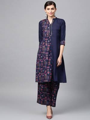 Women's Navy Blue Gold Print and Khadi Print Straight Polysilk Kurta Palazzo Set 1