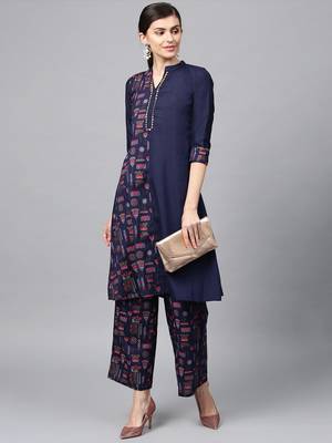 Women's Navy Blue Gold Print and Khadi Print Straight Polysilk Kurta Palazzo Set 2