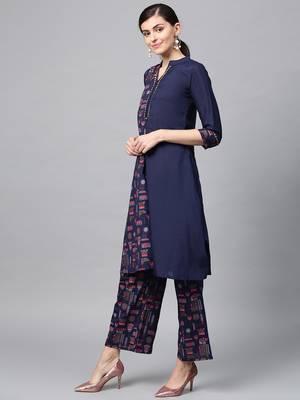 Women's Navy Blue Gold Print and Khadi Print Straight Polysilk Kurta Palazzo Set 4
