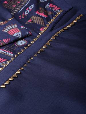 Women's Navy Blue Gold Print and Khadi Print Straight Polysilk Kurta Palazzo Set 5