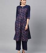Women's Navy Blue Gold Print and Khadi Print Straight Polysilk Kurta Palazzo Set