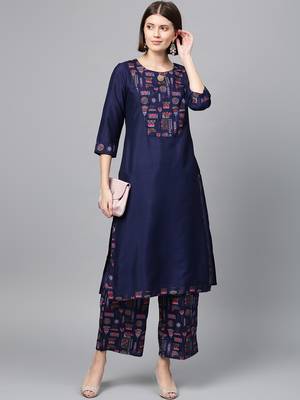 Women's Navy Blue Gold Print and Khadi Print Straight Polysilk Kurta Palazzo Set 1