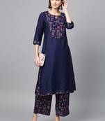 Women's Navy Blue Gold Print and Khadi Print Straight Polysilk Kurta Palazzo Set
