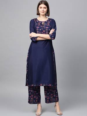 Women's Navy Blue Gold Print and Khadi Print Straight Polysilk Kurta Palazzo Set 2