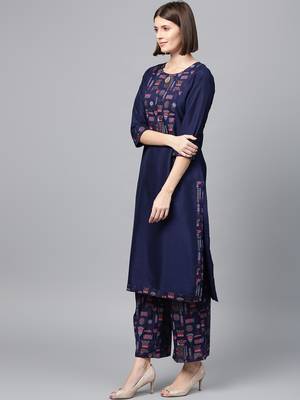 Women's Navy Blue Gold Print and Khadi Print Straight Polysilk Kurta Palazzo Set 4