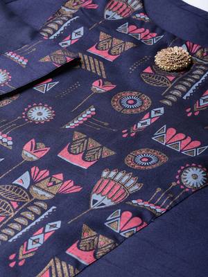 Women's Navy Blue Gold Print and Khadi Print Straight Polysilk Kurta Palazzo Set 5
