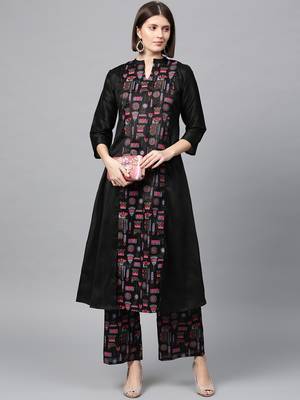 Women's Black Khadi Print A-line Polysilk Kurta Palazzo Set 1