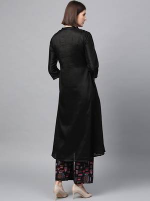 Women's Black Khadi Print A-line Polysilk Kurta Palazzo Set 3