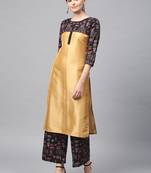 Women's Golden Khadi Print Straight Polysilk Kurta Palazzo Set