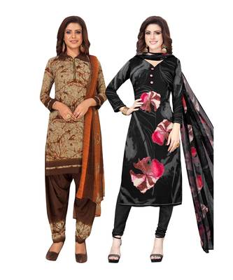 Women's Pack Of 2 Synthetic Printed Unstitched Dress Material Combo 1