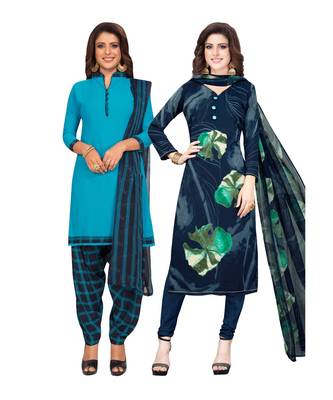 Women's Pack Of 2 Synthetic Printed Unstitched Dress Material Combo 1