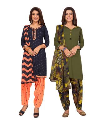 Women's Pack Of 2 Synthetic Printed Unstitched Dress Material Combo 1