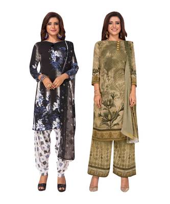 Women's Pack Of 2 Synthetic Printed Unstitched Dress Material Combo 1