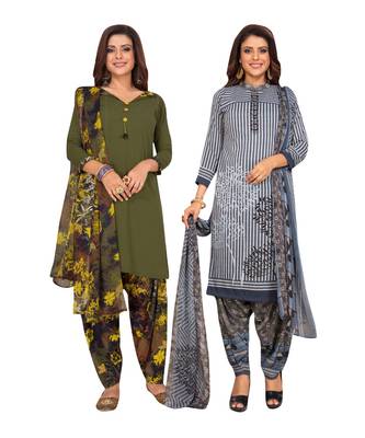 Women's Pack Of 2 Synthetic Printed Unstitched Dress Material Combo 1