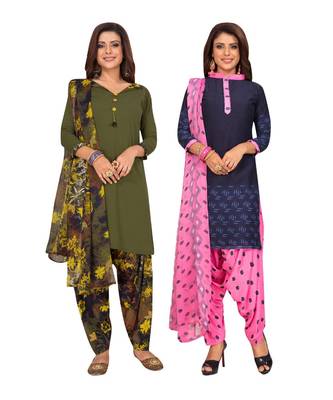 Women's Pack Of 2 Synthetic Printed Unstitched Dress Material Combo 1