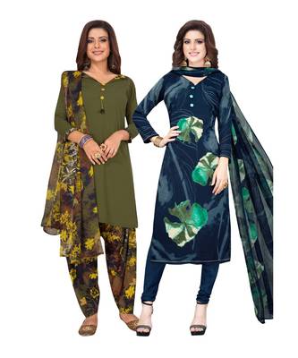 Women's Pack Of 2 Synthetic Printed Unstitched Dress Material Combo 1