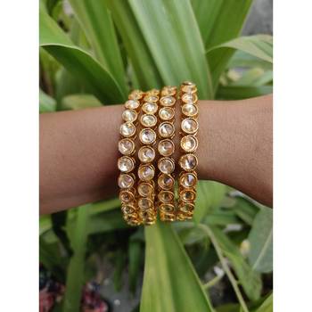 Traditional Ethnic Gold Plated Kundan White and Golden,Bangle Set Jewellery for Women and Girls. Set of Four Bangles. 5