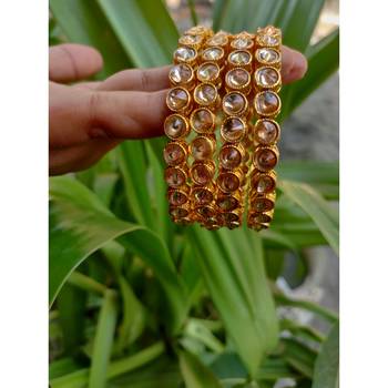 Traditional Ethnic Gold Plated Kundan White and Golden,Bangle Set Jewellery for Women and Girls. Set of Four Bangles. 6