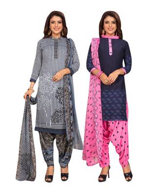 Women's Pack Of 2 Synthetic Printed Unstitched Dress Material Combo 1