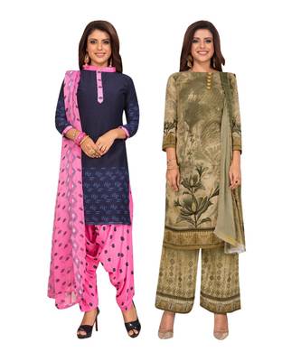 Women's Pack Of 2 Synthetic Printed Unstitched Dress Material Combo 1