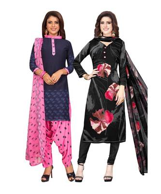 Women's Pack Of 2 Synthetic Printed Unstitched Dress Material Combo 1