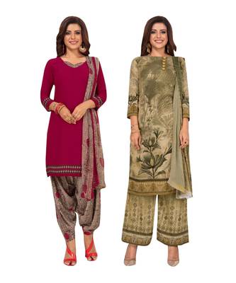 Women's Pack Of 2 Synthetic Printed Unstitched Dress Material Combo 1