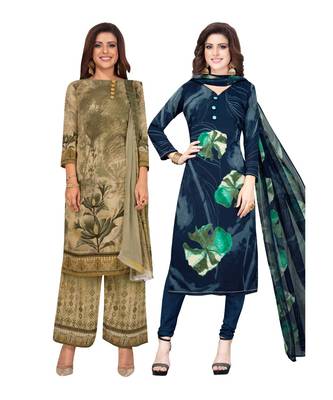 Women's Pack Of 2 Synthetic Printed Unstitched Dress Material Combo 1