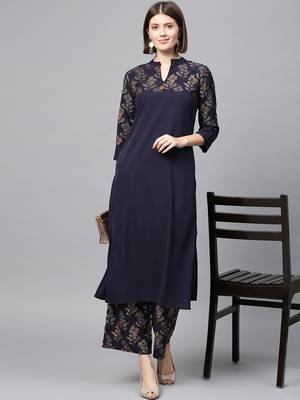 Women's Blue Gold Print Straight Crepe Kurta Palazzo Set 1