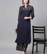 Women's Blue Gold Print Straight Crepe Kurta Palazzo Set