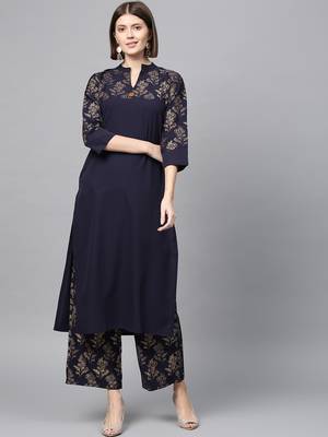 Women's Blue Gold Print Straight Crepe Kurta Palazzo Set 2