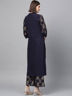 Women's Blue Gold Print Straight Crepe Kurta Palazzo Set 3