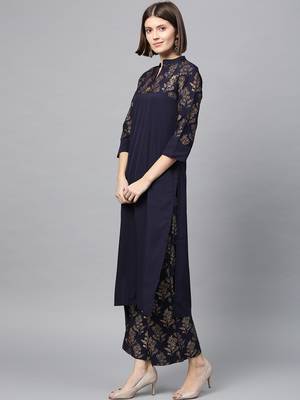 Women's Blue Gold Print Straight Crepe Kurta Palazzo Set 4
