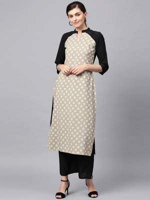 Women's Beige khadi print Straight Crepe Kurta Palazzo Set 1