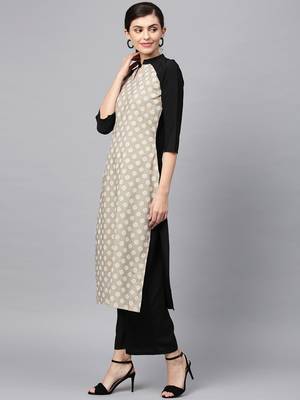 Women's Beige khadi print Straight Crepe Kurta Palazzo Set 2