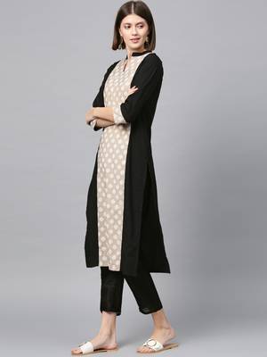 Women's Black khadi print Straight Crepe Kurta Palazzo Set 2
