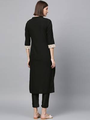 Women's Black khadi print Straight Crepe Kurta Palazzo Set 3