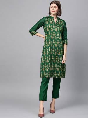 Women's Green gold print Straight Polysilk Kurta Pant Set 1