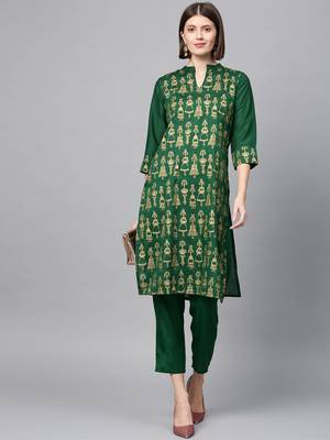 Women's Green gold print Straight Polysilk Kurta Pant Set 2