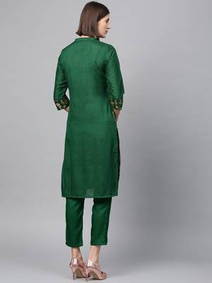 Women's Green gold print Straight Polysilk Kurta Pant Set 3