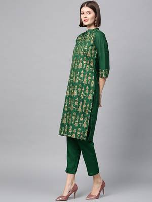 Women's Green gold print Straight Polysilk Kurta Pant Set 4