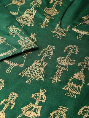 Women's Green gold print Straight Polysilk Kurta Pant Set 5