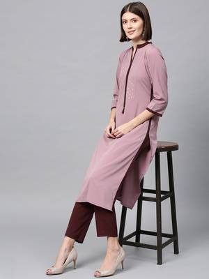 Women's Wine gold print Straight Crepe Kurta Pant Set 1